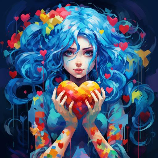 a brightly colored anime girl with blue hair, shaping a heart with her fingers, ❤️, heart shape, in the style of neo-mosaic, colorful, greebled, 🫶🏻 hands making a heart shape