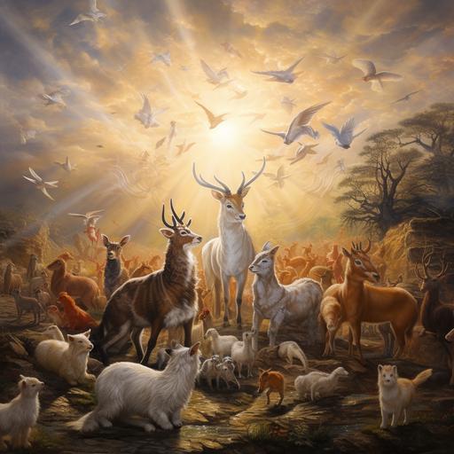 broad range of animals, realism, light shining down on animals, holy, aspect 9:16