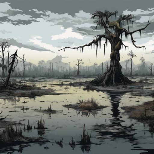 a broad swampy morass with occasional sandbars breaking the surface. drowned treed droop into the water. the sky is grey and heavy with clouds. the water appears oily and foul. flies teem in the air and not a tulip can be seen anywhere. Barely visible in the swamp grass and muck is a giant snake with the colors of a viper and evil slitted eyes. realistic