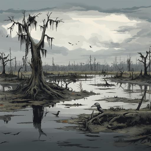 a broad swampy morass with occasional sandbars breaking the surface. drowned treed droop into the water. the sky is grey and heavy with clouds. the water appears oily and foul. flies teem in the air and not a tulip can be seen anywhere. Barely visible in the swamp grass and muck is a giant snake with the colors of a viper and evil slitted eyes. realistic