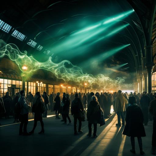 a broad view of a classical grand train station which is fully engulfed in a specacular light show in gold an green lights. people are standing in the station fascinated by the show. people are handing out coffee in green mugs. the light is not to dark. people are clear to see