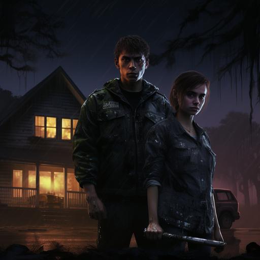 a brother of 20 years in the mud and holding a knife in his hand and his sister of 10 years, holding hands, are standing in the house, police flashing lights are visible in the background