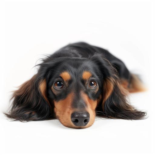 a brown and black, long hair, dachshund laying down on white stock photo, in the style of uhd image, soft-focus, intense gaze looking ashamed, cute, as if he did something bad, mischievous, hyper-real, isolated on white background, no shadow in the background, low angle, aspect raio 16:9 --v 6.0 --style raw