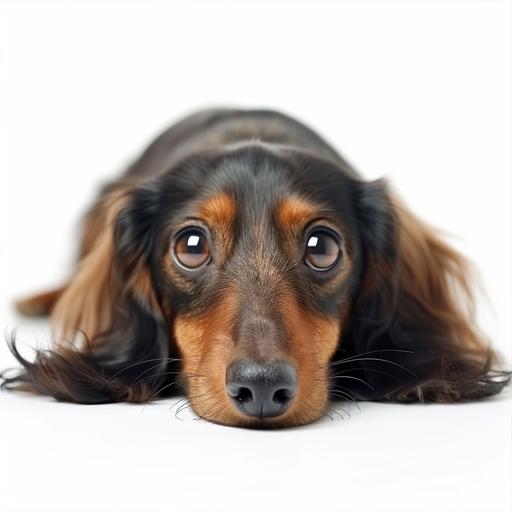 a brown and black, long hair, dachshund laying down on white stock photo, in the style of uhd image, soft-focus, intense gaze looking ashamed, cute, as if he did something bad, mischievous, hyper-real, isolated on white background, no shadow in the background, low angle, aspect raio 16:9 --v 6.0 --style raw