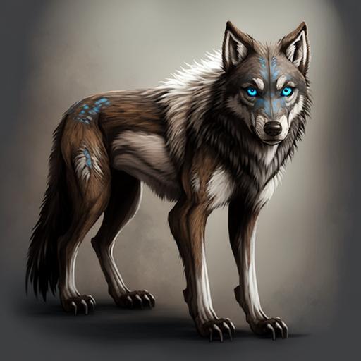 a brown and white sable coated warg with bright intense blue eyes. stands 3.5 feet tall at the shoulders, weighing 175 lbs , her fangs are 1.5 inches long , and her claws are 1.5 inches long