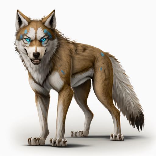 a brown and white sable coated warg with bright intense blue eyes. stands 3.5 feet tall at the shoulders, weighing 175 lbs , her fangs are 1.5 inches long , and her claws are 1.5 inches long