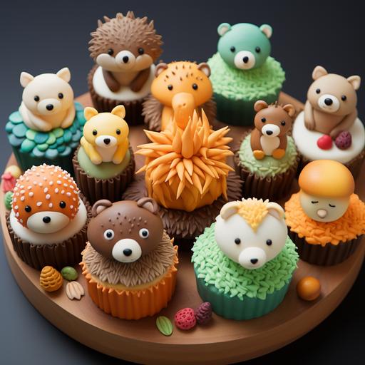 a brown bear, a hedgehog with two toddler hedgehogs, an orca, two deer, 2 charmanders, 3 rillakumas, 2 otters, a carrot with a smiley face, a shark, 2 garden eels. anime style, chaotically making cakes