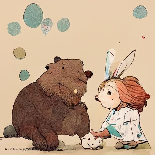 a brown bear cartioon kissed a white rabbit cartoon in hospital,brown bear cartoon standing, bend the body,happily,big smile, big angle,beautiful color,line friedns,huge perspective, manga style,Ghibli