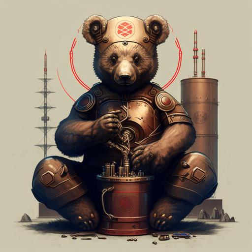 a brown bear is sitting in the lotus position, paws on his knees, a stern look, a hammer and sickle tattoo on his chest, a Soviet helmet with a red star on his head, an atomic reactor is behind him, a samovar emits steam on top of the reactor