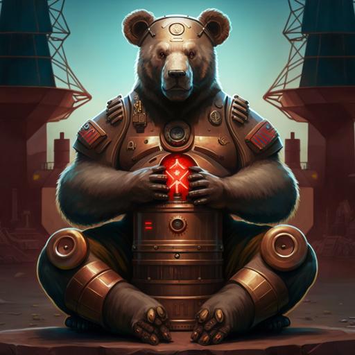 a brown bear is sitting in the lotus position, paws on his knees, a stern look, a hammer and sickle tattoo on his chest, a Soviet helmet with a red star on his head, an atomic reactor is behind him, a samovar emits steam on top of the reactor