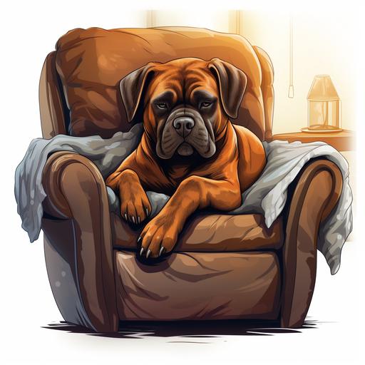 a brown boxer dog lies on a cozy armchair and sleeps friendly. Cartoon