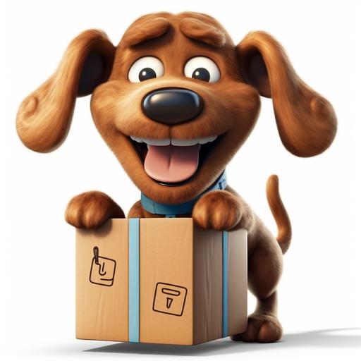 a brown cartoon stile large dog mascot delivering amazon packages with a broad smile