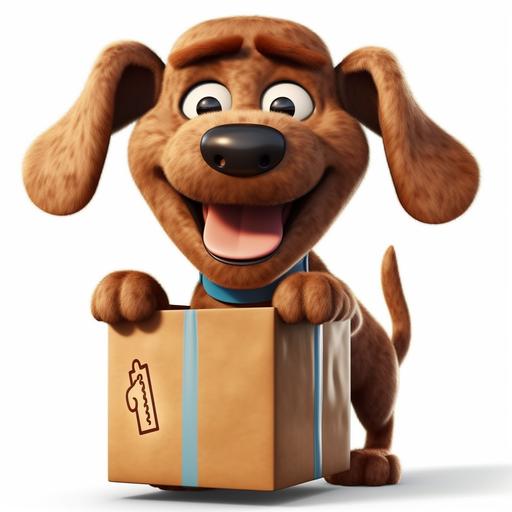 a brown cartoon stile large dog mascot delivering amazon packages with a broad smile