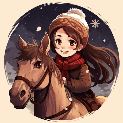 a brown hair girl riding a horse, its christmas