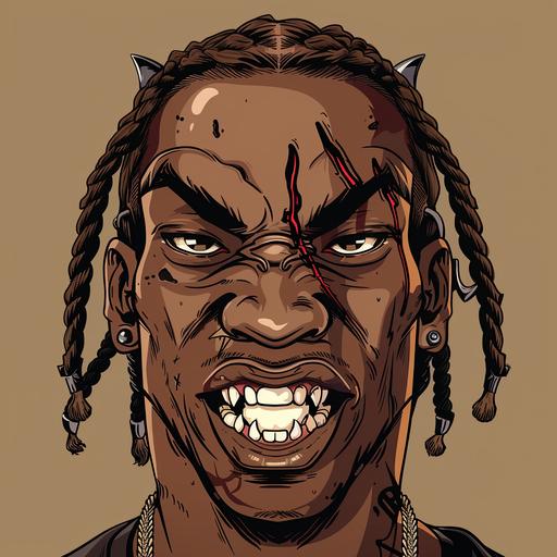 a brown skin male, with gorilla eyes features, braids, rapper vibe, scar on his face, evil smile with fangs, angry eyebrows, goat horn. for a clothing design.