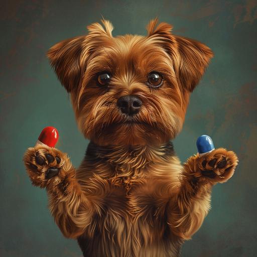 a brown yorkie with presenting in one hand a red pill and in the other hand a blue pill