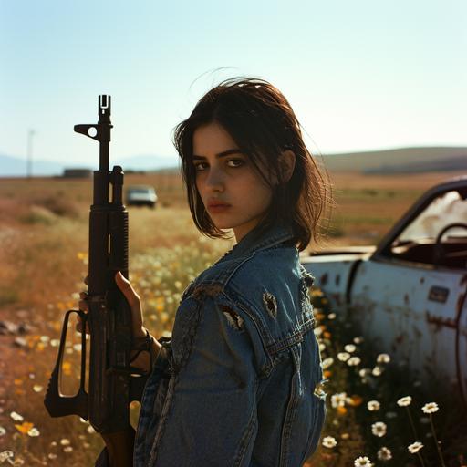 a brunette Greek young woman, facing away from the camera and tightly gripping an M16 rifle at her side. The camera is at a high and focused on the rifle. a large turkish invasion force is in the middle distance. It is afternoon in a dry rural area. Flowers are on the ground. A run-down car is nearby. She is wearing a denim jacket. It must have a grainy, 1980s aesthetic. Tense and ominous. 35mm --v 6.0