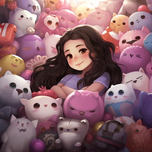 a brunette girl laying on a bed with a lot of squishmallows, digital art