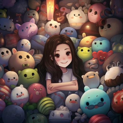 a brunette girl laying on a bed with a lot of squishmallows, digital art