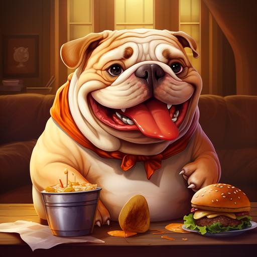 a buda bulldog cartoon, eating burger, he is happy