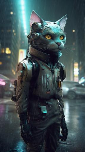 a bug cat tax cyborg wearing a suit and maschinen krieger cat tax mech armor, in a desolate wasteland, ultra-detailed, realistic concept art. cat tax steampunk bandit, rainy night city background, neon, sense of awe and scale, in the art style of Filip Hodas, a grimdark dystopian cyberpunk post-apocalyptic style --ar 9:16 --upbeta --q 2 --v 5