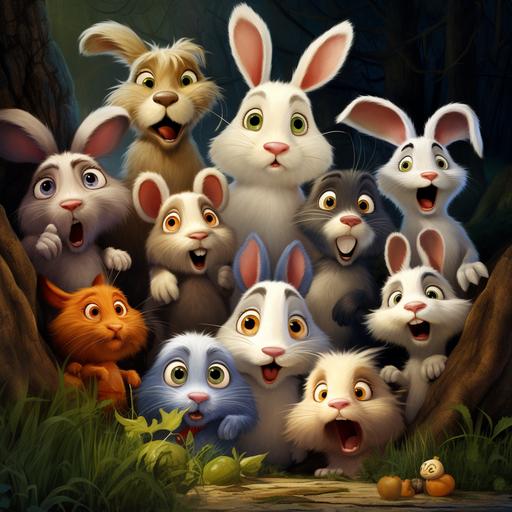 a bunch of cartoon animals look worried and puzzled and add a cartoon bunny twitching her nose