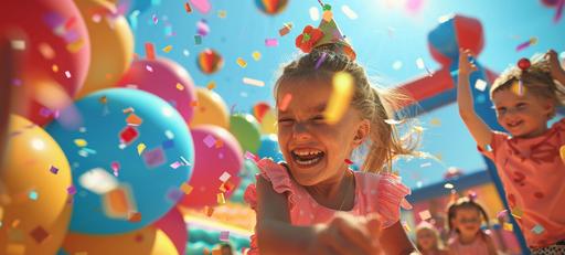 a bunch of happy kids at an outdoor birthday party, balloons, bounce house, photo realistic, 8k, --ar 20:9