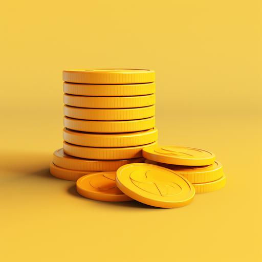 a bunch of plain and very simple and chunky 3D coin with no markings. In yellow on a white backgroun. Cumputer graphic style, simple, low detail, pixar style.