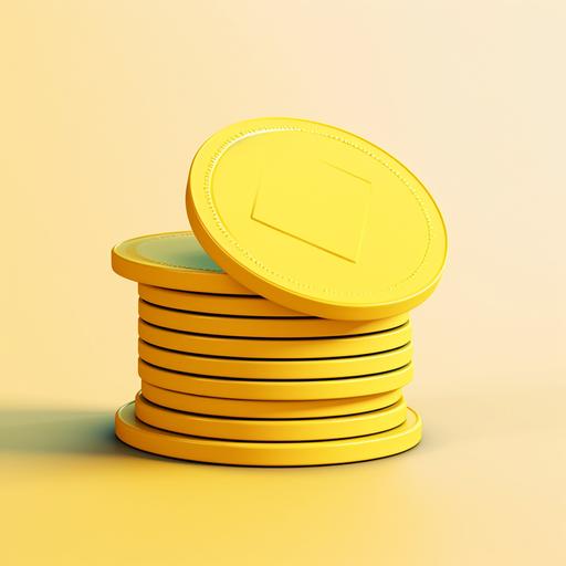 a bunch of plain,thick and very simple and chunky 3D coin with minimal detail. In yellow on a white backgroun. Cumputer graphic style, simple, low detail, pixar style.