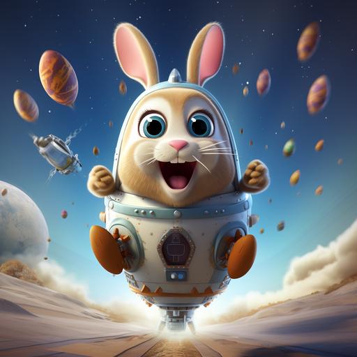 a bunny in a rocketship cartoon with googly eyes