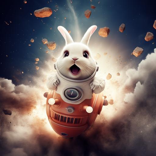 a bunny in a rocketship cartoon with googly eyes