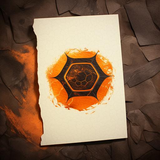 a burned paper with an orange hexagon logo