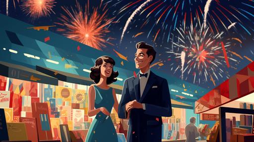 a business man and woman running a fireworks stand, 1960s cartoon style, night sky has a few fireworks, multiplane --ar 16:9