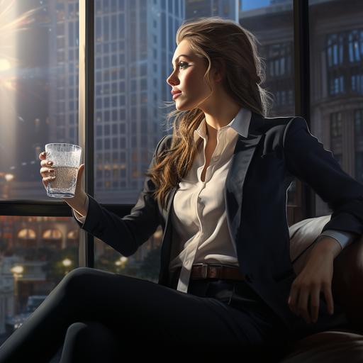 a business women enjoying her day, looking at the window while sipping on a glass of iced water