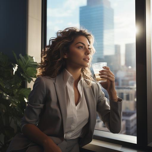 a business women enjoying her day, looking at the window while sipping on a glass of iced water