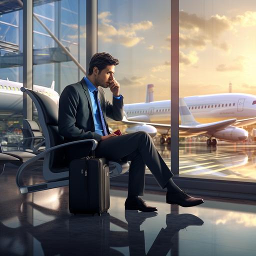 a businessman man is talking on the phone in the waiting room at the airport. the runway and planes are in the background. photorealistic image.