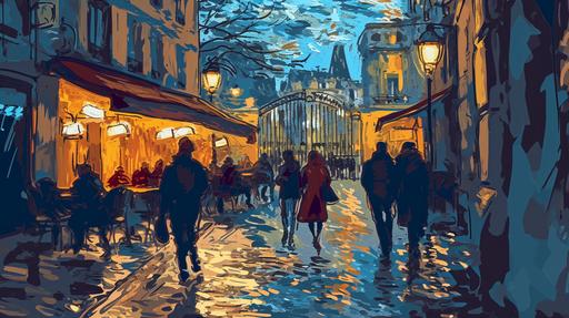 a bustling Parisian cafe at dusk, as seen through the eyes of Vincent van Gogh. The vibrant swirls of color capture the lively gait of passersby, each stroke highlighting the city's pulsating rhythm. A quaint gate in the background opens to a cobblestone alley, bathed in the warm glow of street lamps. This scene merges the raw emotion of Van Gogh's style with the romantic allure of Parisian nights. 1209 0115a --ar 16:9 --s 50 --v 6.0