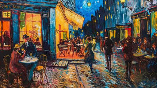 a bustling Parisian cafe at dusk, as seen through the eyes of Vincent van Gogh. The vibrant swirls of color capture the lively gait of passersby, each stroke highlighting the city's pulsating rhythm. A quaint gate in the background opens to a cobblestone alley, bathed in the warm glow of street lamps. This scene merges the raw emotion of Van Gogh's style with the romantic allure of Parisian nights. 1209 0115a --ar 16:9 --s 50 --v 6.0