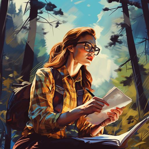 a busy female accountant in trekking clothes, checking a list with a pen in her hands, pop art, big glasses, in a chestnut forest, warm and bright sunlight