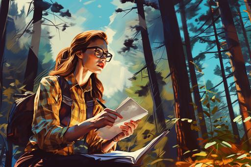a busy female accountant in trekking clothes, checking a list with a pen in her hands, pop art, big glasses, in a chestnut forest, warm and bright sunlight