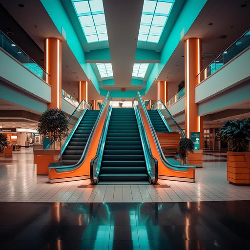 a busy mall, orange and teal color grade