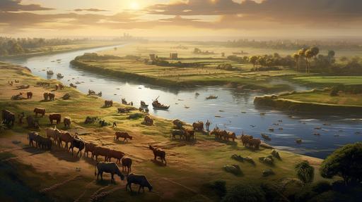 a busy scene overlooking the river Nile in ancient Egypt pictured from above at an oblique angle showing fishing boats on the river and farms being ploughed by oxen along the banks. A shaduf is being used to irrigate the fields. Artist's rendering, --ar 16:9