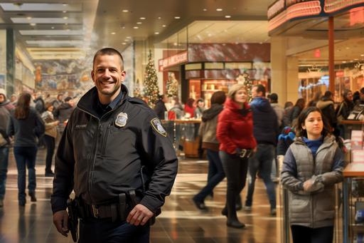 a busy shopping mall during the holiday season, shoppers look happy and safe, a security guard watches in the background of the photo. photo realistic, hyper detailed.