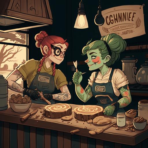 a butch gnome lesbian and a femme green orc lesbian hang out making donuts in their LGBTQIA  friendly bakery, cottagecore, bakercore, beatrixpotterwave --v 4