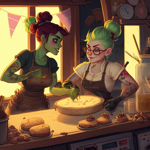 a butch gnome lesbian and a femme green orc lesbian hang out making donuts in their LGBTQIA  friendly bakery, cottagecore, bakercore, beatrixpotterwave --v 4