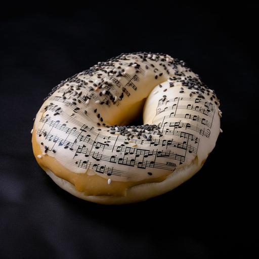 a buttered poppy seed bagel but instead of poppy seeds, it's small musical notations on top of the bagel. hyper detailed. --v 5