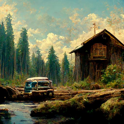 a cabin in the wood, a stump, old ford pickup truck, matte painting, bob ross, Nicolas Poussin,Giovanni Antonio Canal, oil painting, forrest