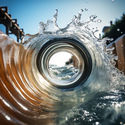 a camera lens with a large twisting water slide coming out of the lens in front