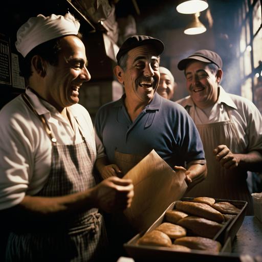 a candid photo of Italian Americans deli workers smiling as they recant a story in New York, one has a cigarette in their hand, light pours in, strong sunlight, strong shadows, kodak portra 800 films, film grain, cinematic --v 4