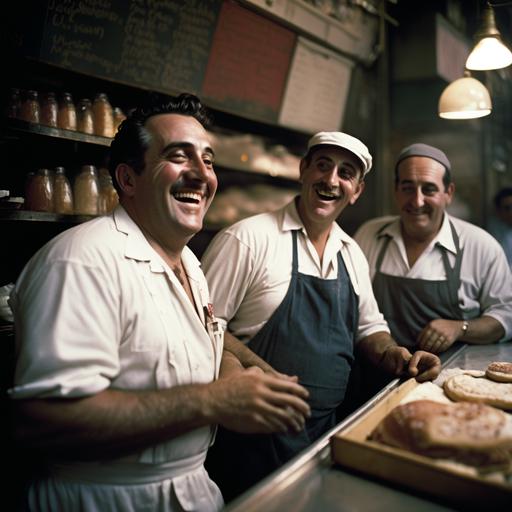 a candid photo of Italian Americans deli workers smiling as they recant a story in New York, one has a cigarette in their hand, light pours in, strong sunlight, strong shadows, kodak portra 800 films, film grain, cinematic --v 4